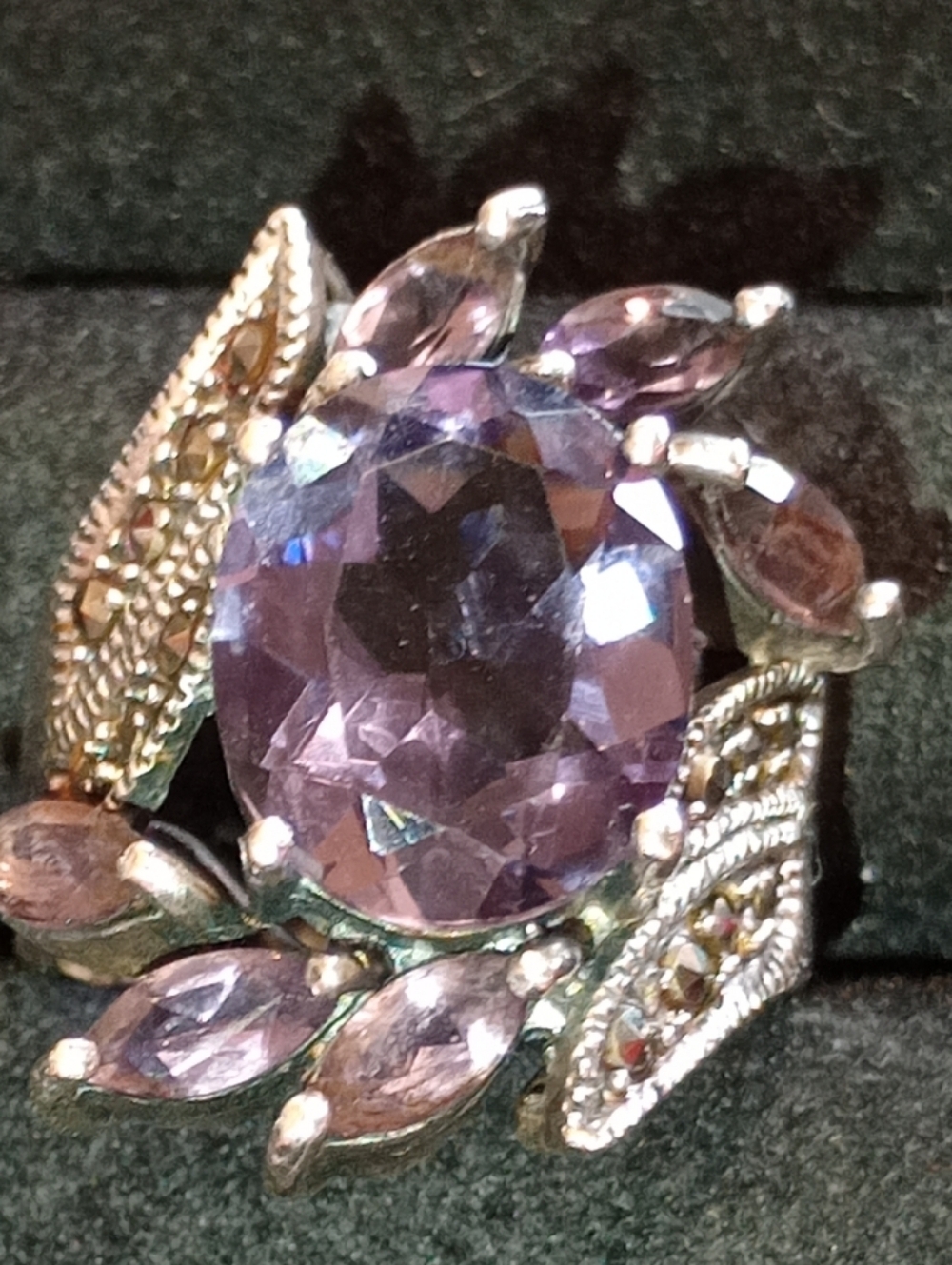 Vintage Art Deco Style Amythest Large Sterling Cocktail Ring